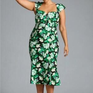 Anthropologie Cecily Green Floral Fit & Flare Retro Pin-up Wiggle Dress, XL NWT